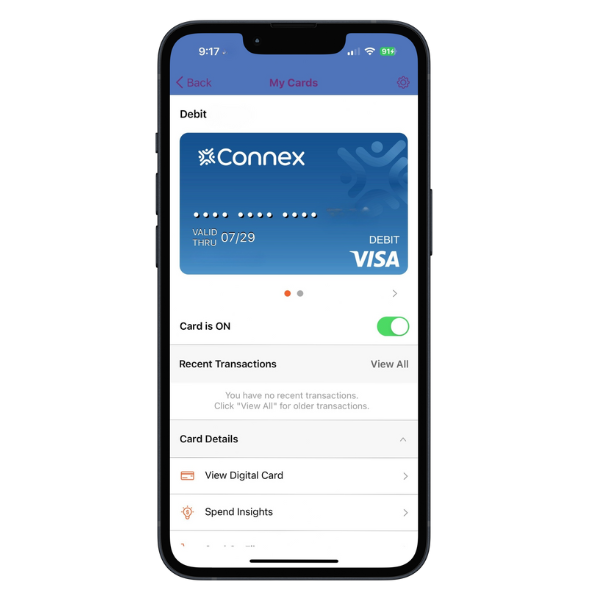 Connex Card Controls app screen